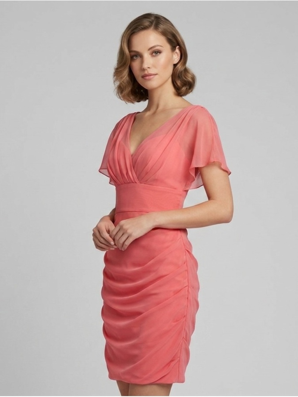 Jim Hjelm Occasions Coral Chiffon Ruched Cocktail Dress Style 5204 Size 4